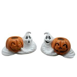Haunted Halloween Ceramic Ghost Candlestick Holder Pair Hand Painted 1986